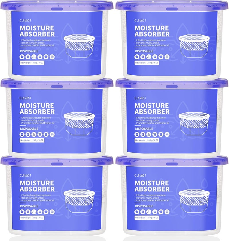 CLEVAST Moisture Absorber Boxes 6 Pack, 10 Oz Dehumidifier for Closet & Bathroom, Humidity Absorber for Wardrobe, Bedroom, RV & Car, Fragrance-Free Moisture Control, Unscented - Image 1